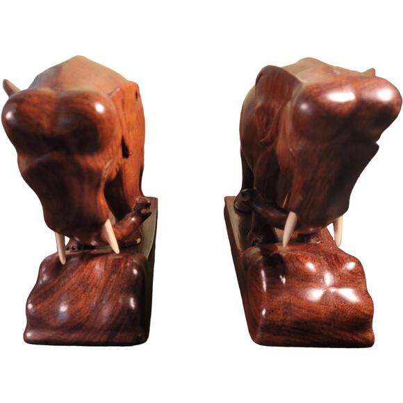 Vintage 60s Hand Carved Solid Wood Elephant Bookends Pair Heavy Rustic Folk Art - Picture 5 of 10